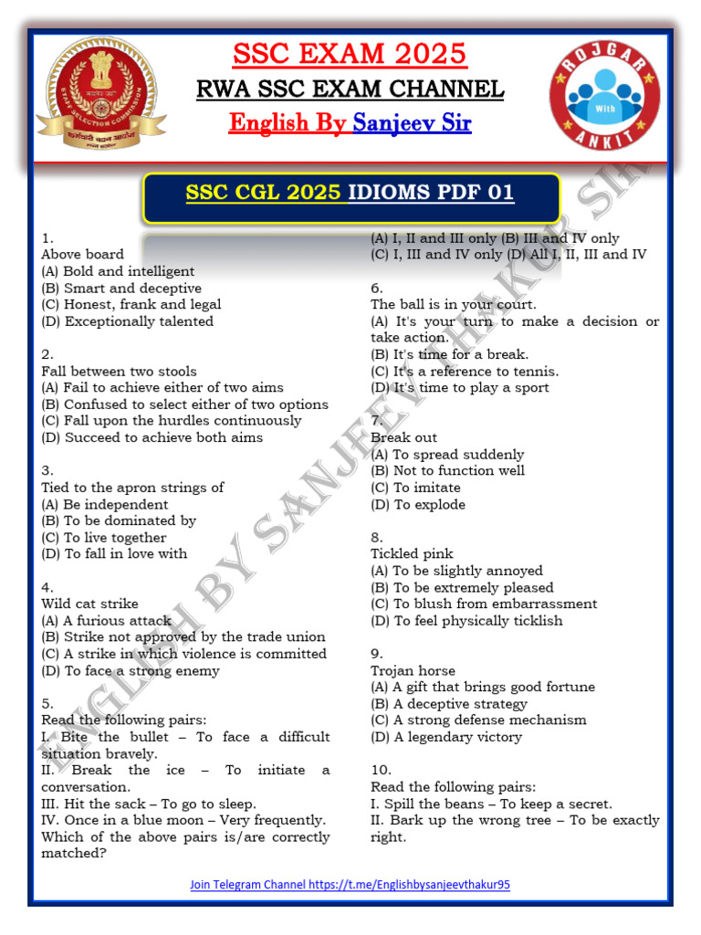 SSC CGL 2025 Idioms Practice PDF | PDF