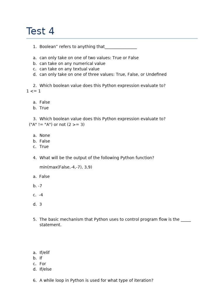 Python Boolean and Looping Concepts Quiz | PDF | Control Flow ...