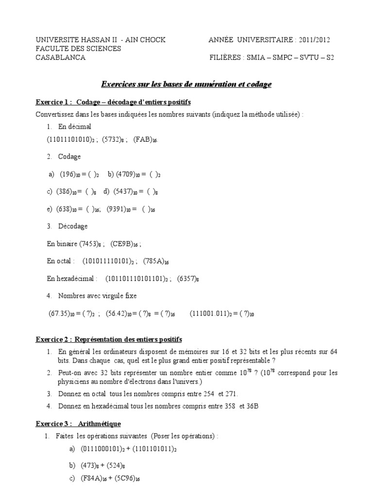 Serie Codage Pdf Decimal Code Binaire Codage Des Caracteres