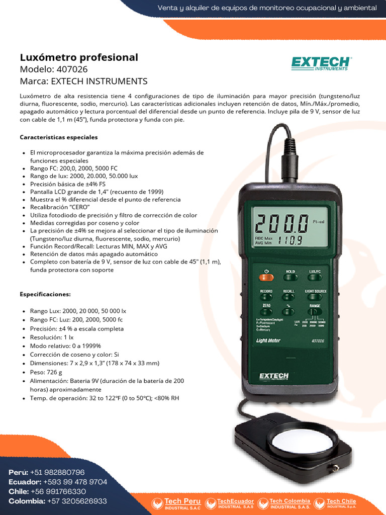 Datasheet Luxometro Extech 407026 | PDF