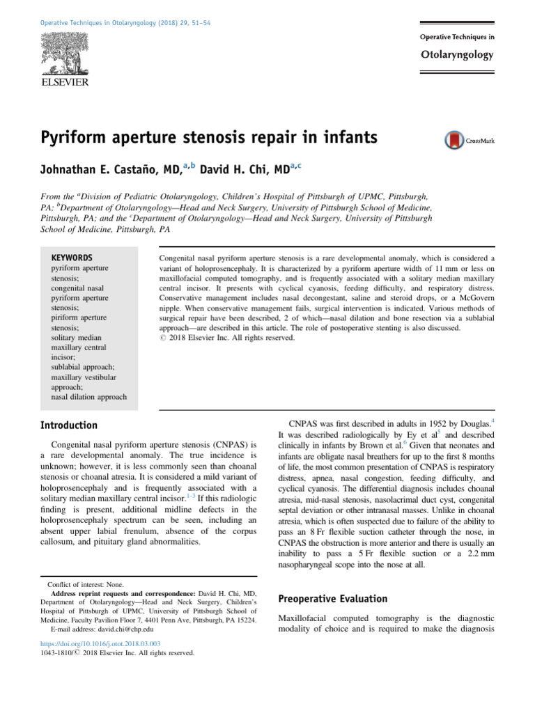 Pyriform Aperture Stenosis Repair in Infants | PDF | Human Nose ...