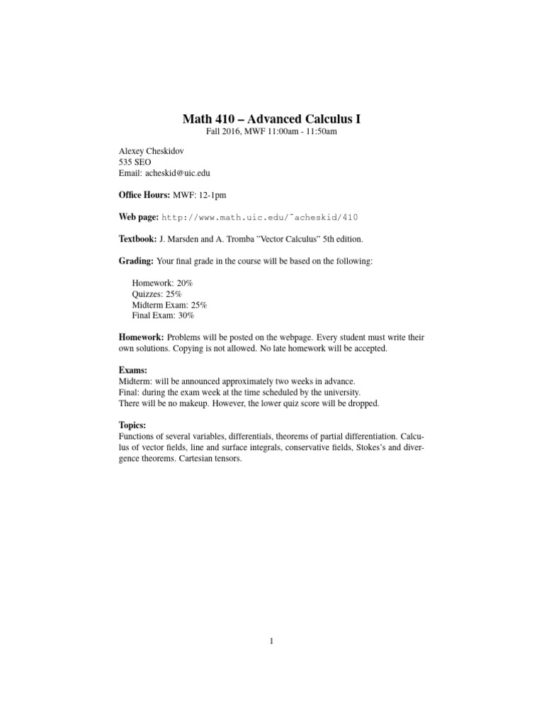 Advanced Calculus I Course Details | PDF