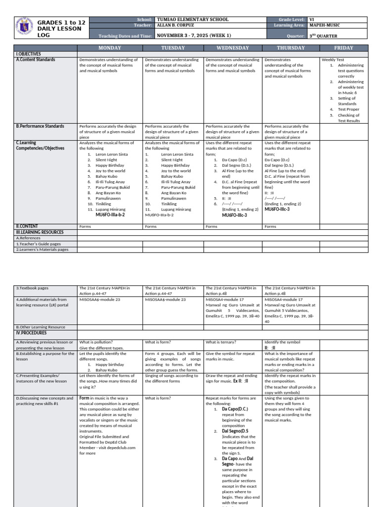 MAPEH Music Lesson Plan for Grade VI | PDF | Musical Forms