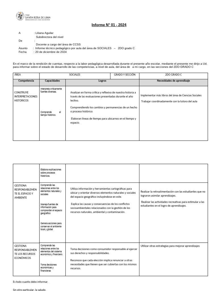 Informe de Competencias en CCSS 2DO C | PDF | Maestros | Aprendizaje