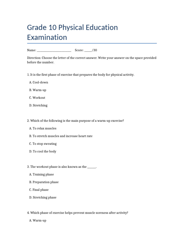 Grade 10 PE Exam: Exercise Phases & Benefits | PDF | Physical Exercise ...