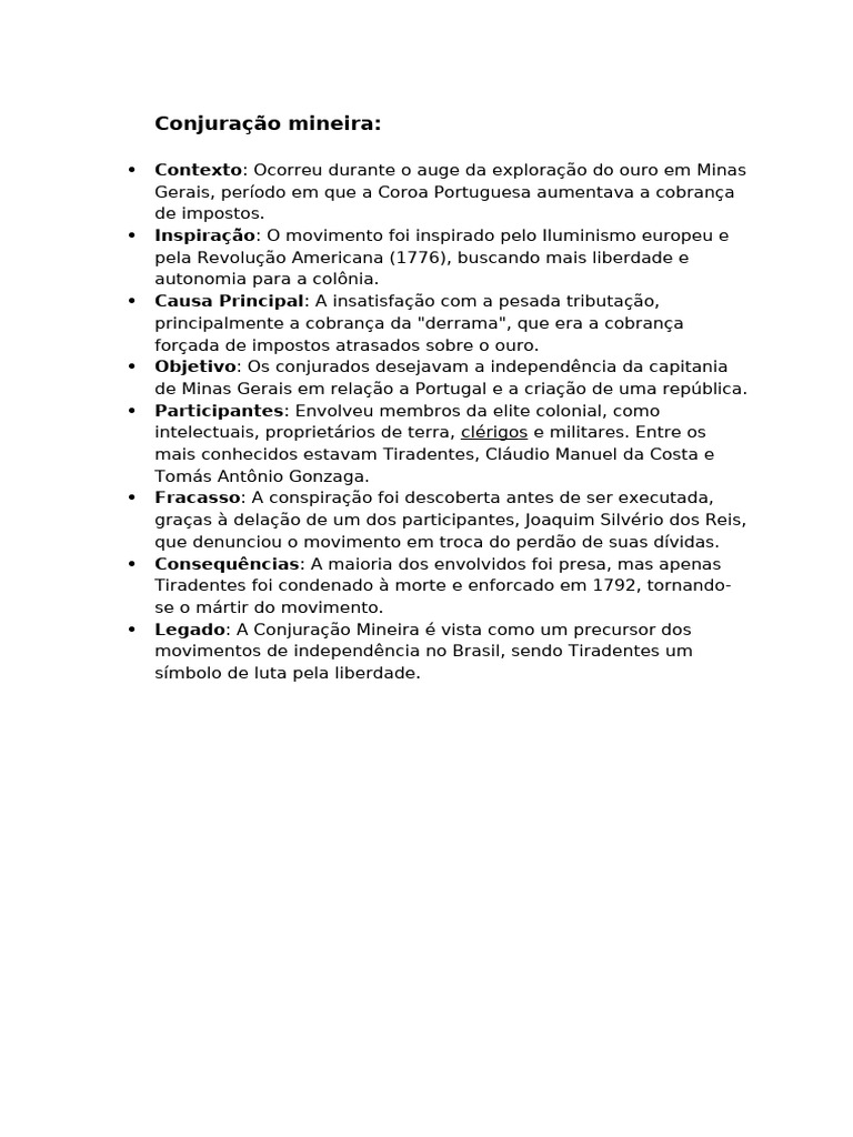 Conjuração Mineira: Causas e Consequências | PDF