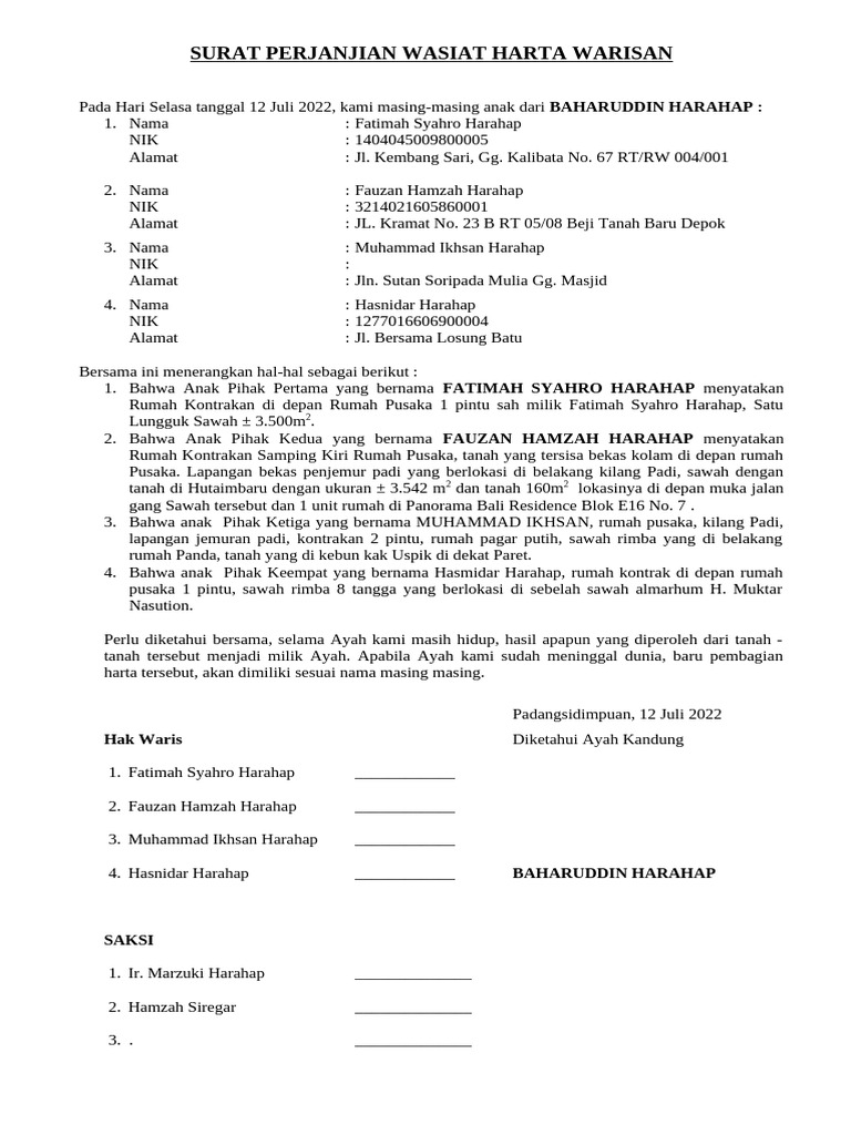 Surat Wasiat Pembagian Harta Warisan | PDF