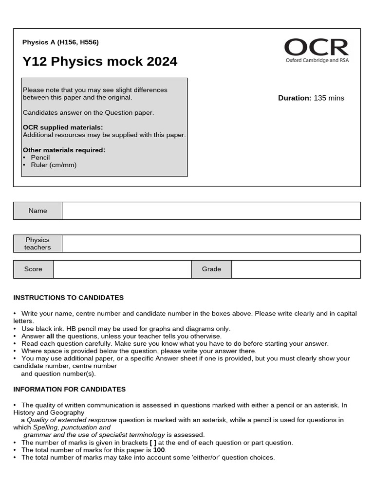 Y12 Physics Mock Exam 2024 Guide | PDF | Electric Current | Electron