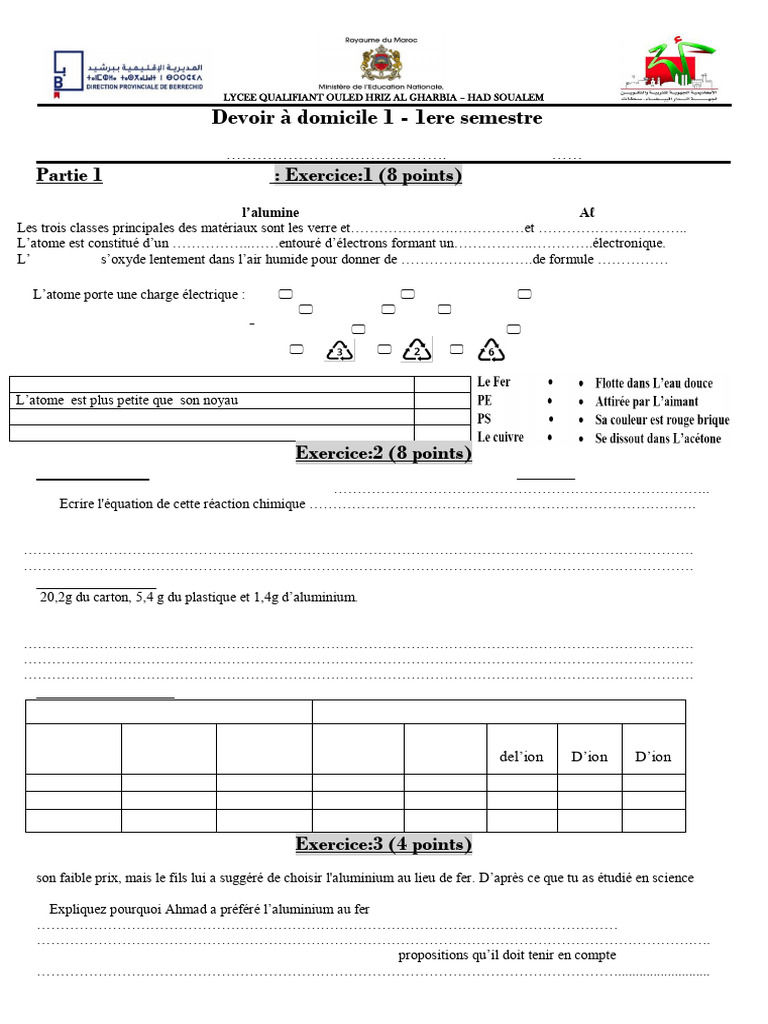 Devoir de Sciences Physiques 3APIC | PDF | Atomes | Ion