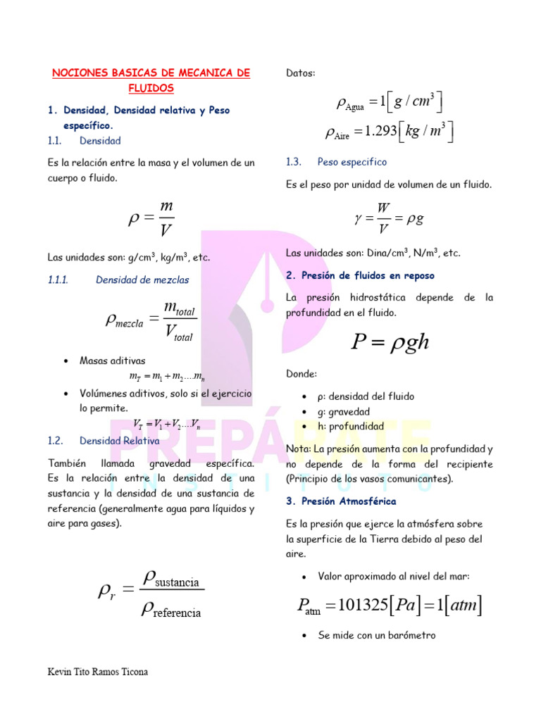 Mecánica de Fluidos: Conceptos Clave | PDF | Presión | Densidad