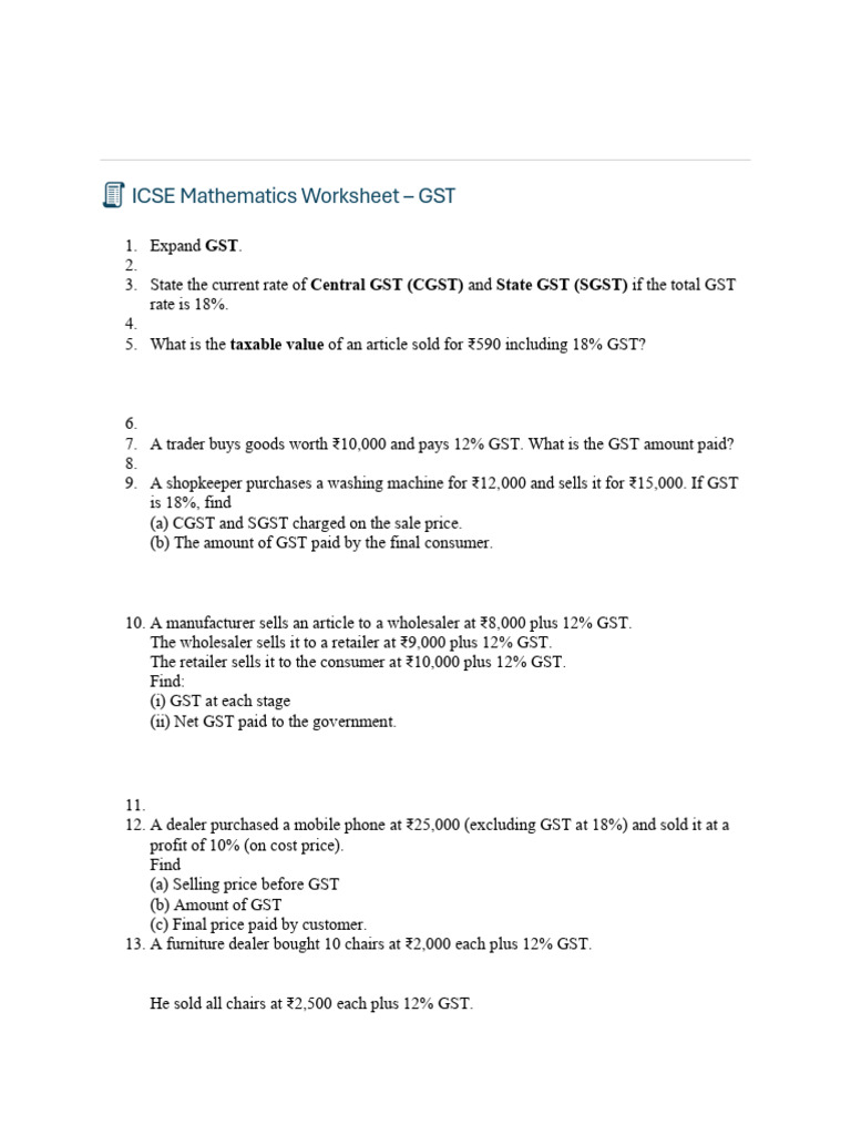 ICSE Mathematics Worksheet - GST: GST Central GST (CGST) State GST ...