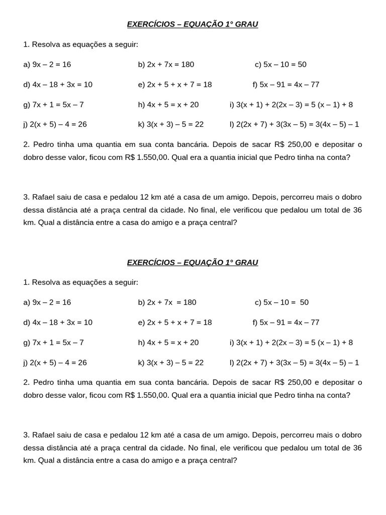 Exercícios de Equações do 1° Grau | PDF | Equações | Objetos matemáticos