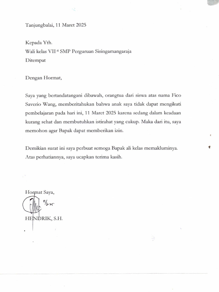 Surat Izin Tidak Masuk Sekolah - 11032025 | PDF