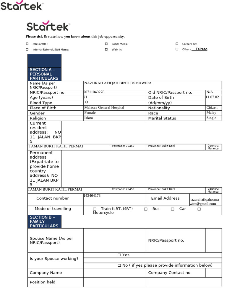 Job Application Form for Startek | PDF | Employment