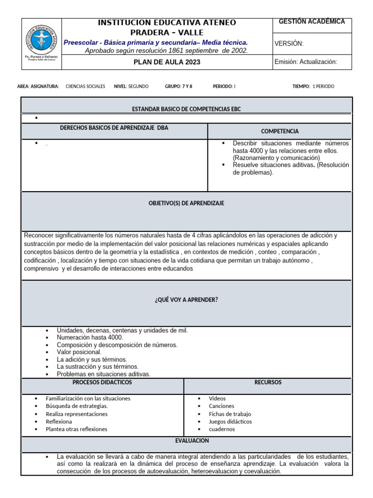 Plan de Aula: Ciencias Sociales 2° Grado | PDF | Aprendizaje | Evaluación