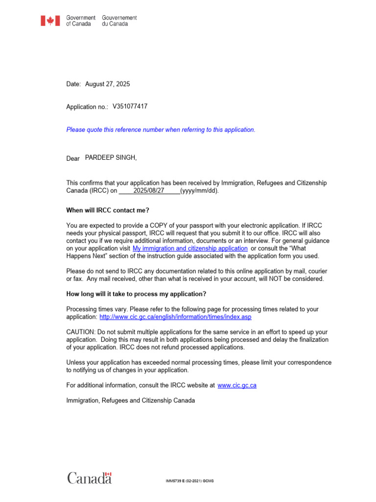 IRCC Application Confirmation Details | PDF | Finance & Money Management
