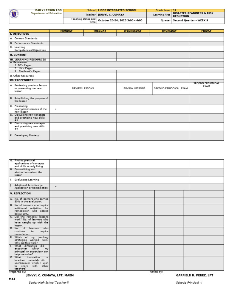 Grade 12 Disaster Readiness Lesson Plan | PDF | Behavior Modification ...