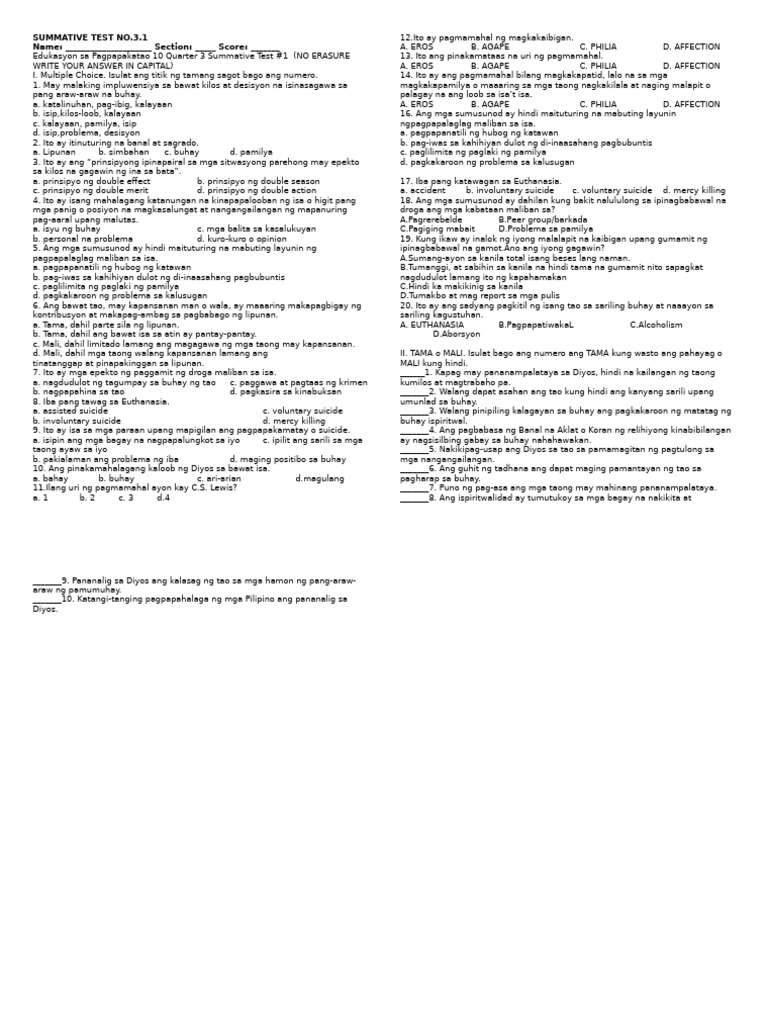 Esp10 Q3 W1-4 Summative Test | PDF