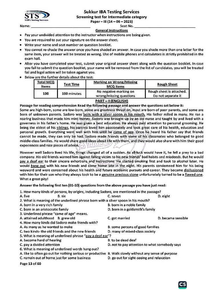 Intermediate Past Paper | PDF