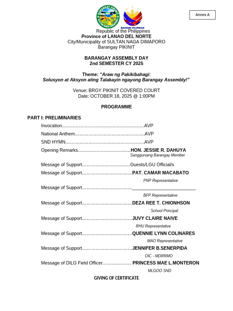 Barangay Assembly Day 2025 in Pikinit | PDF