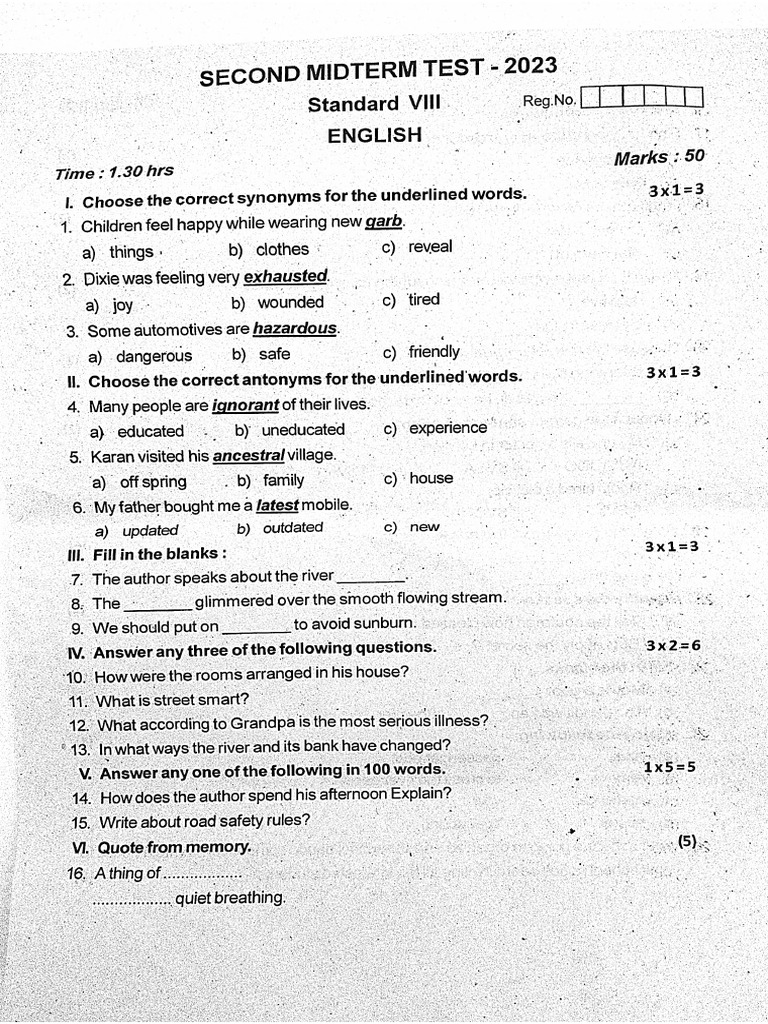 8th English 2nd Mid Term Exam 2023 Question Paper Vellore District PDF ...