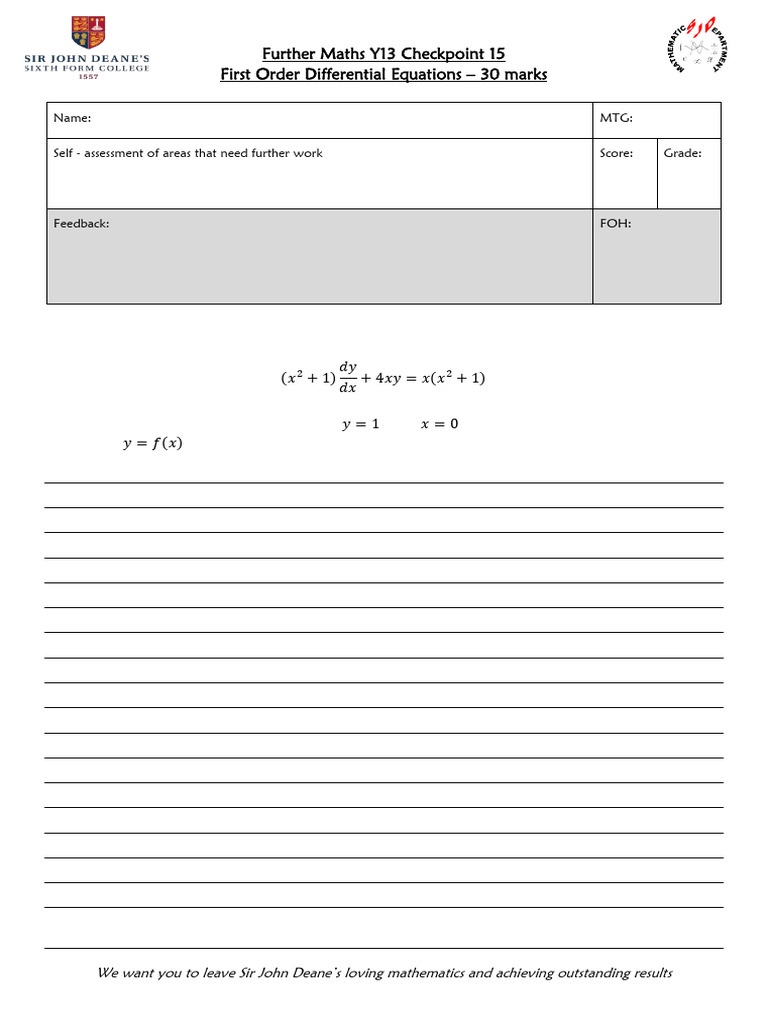 Y13 Further Maths: Differential Equations | PDF | Equations | Subtraction