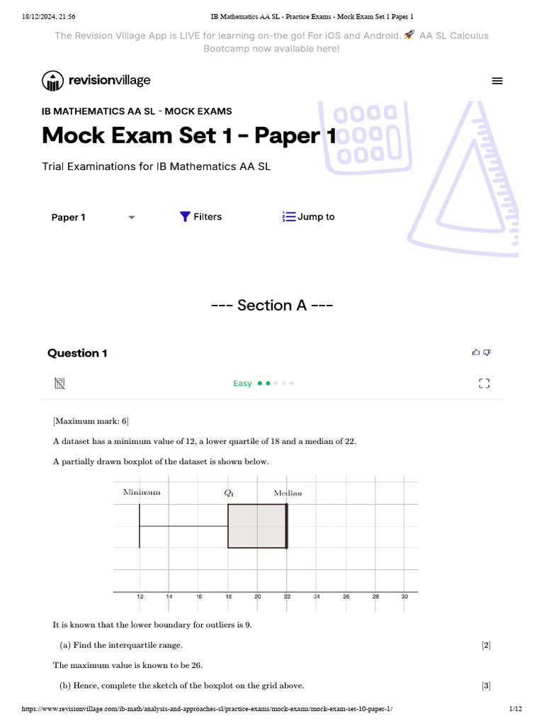 IB Math AA SL Mock Exam Paper 1 | PDF | Mathematical Analysis | Mathematics