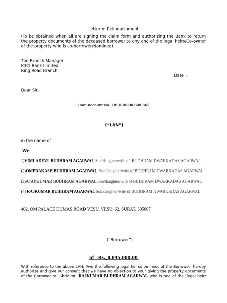 Legal Heirs' Letter of Relinquishment | PDF