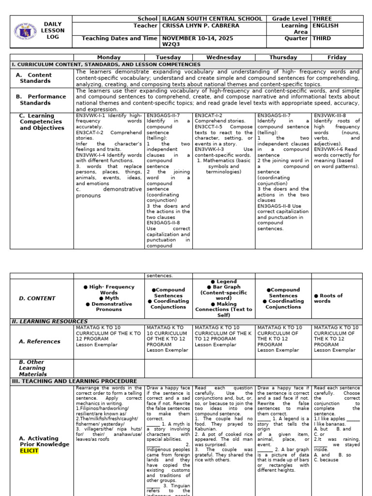 Grade 3 English Lesson Plan: Nov 2025 | PDF | Sentence (Linguistics) | Word