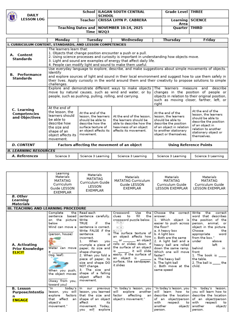 Grade 3 Science Lesson on Object Movement | PDF | Crossword | Learning