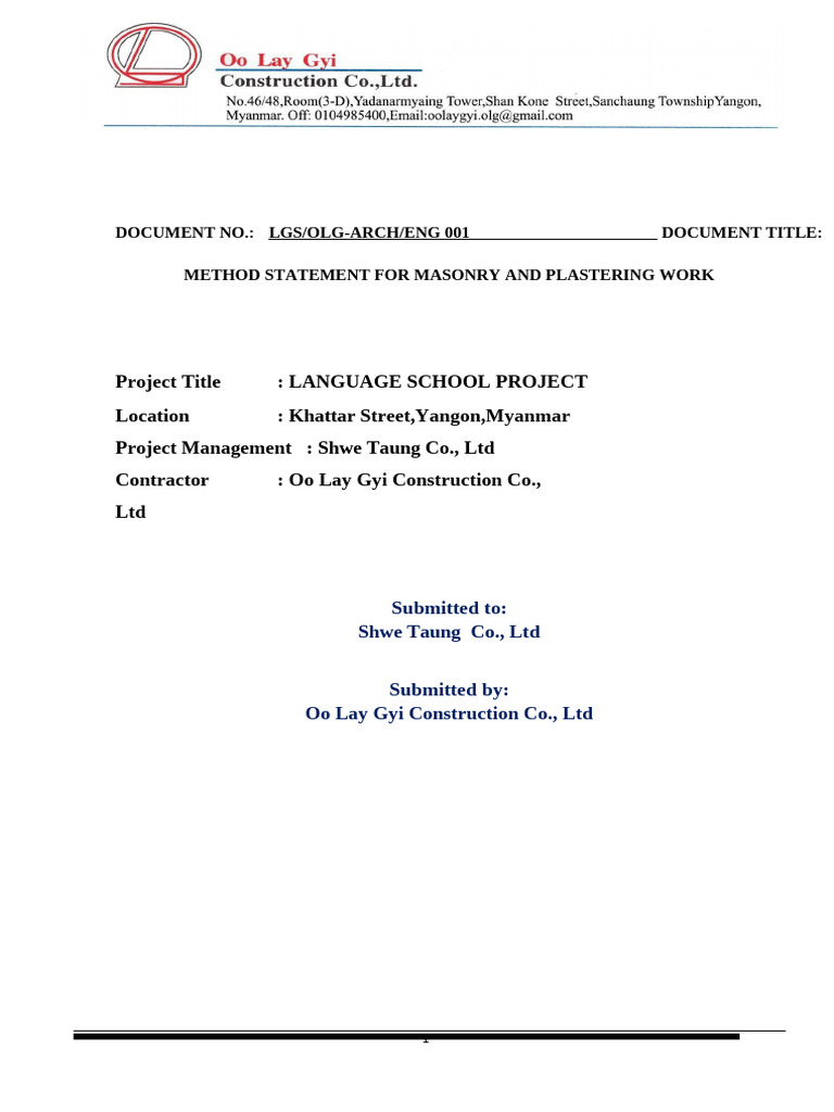 Masonry & Plastering Method Statement | PDF | Plaster | Brick