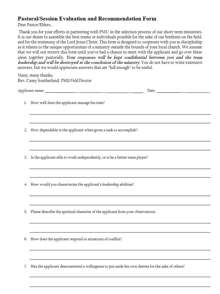 Pastoral Evaluation Form for Applicants | PDF | Elder (Christianity ...