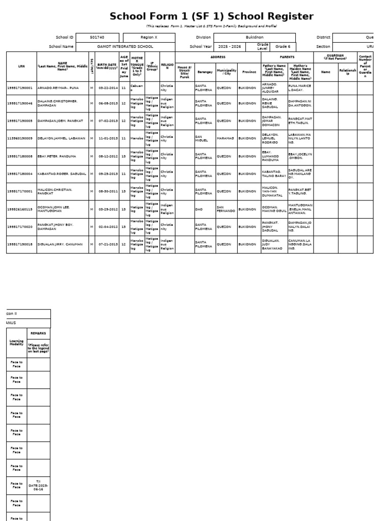 Grade 6 School Register 2025-2026 | PDF