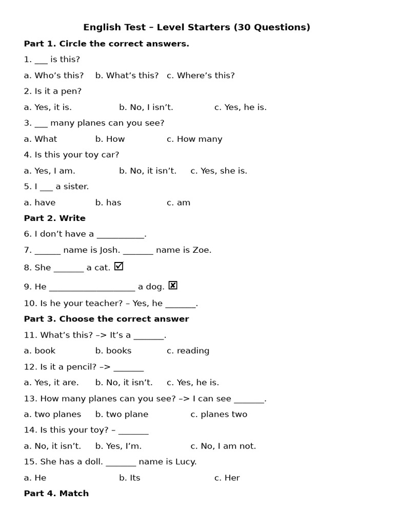 English Starters Test: 30 Questions | PDF