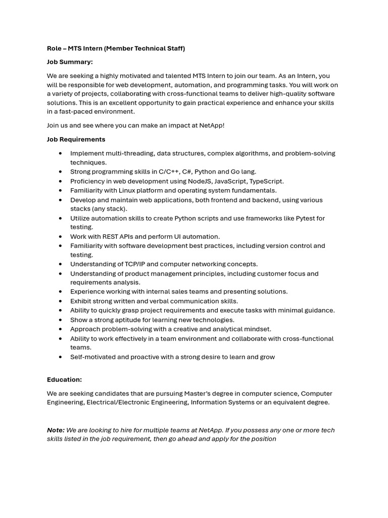 Mts Intern JD - 2025 | PDF