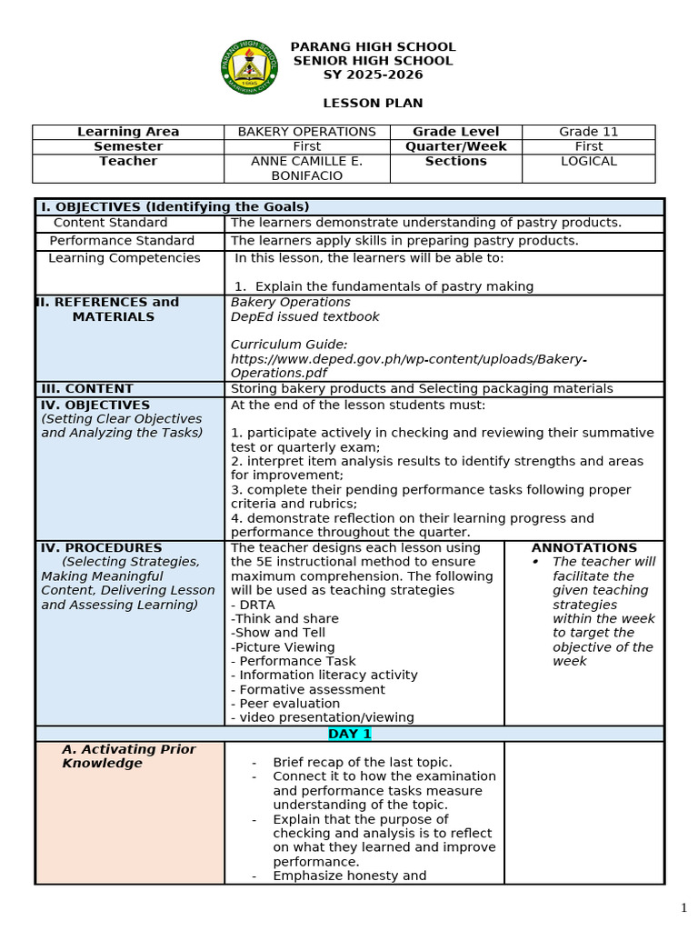 Grade 11 Bakery Operations Lesson Plan | PDF | Learning | Behavior ...