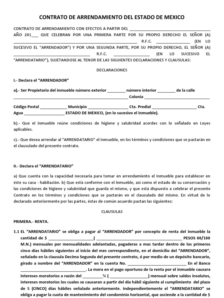 Contrato de Arrendamiento Del Estado de Mexico