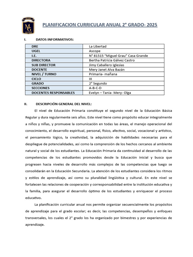 Planificación Curricular 2025 - 2° Grado | PDF | Evaluación | Aprendizaje