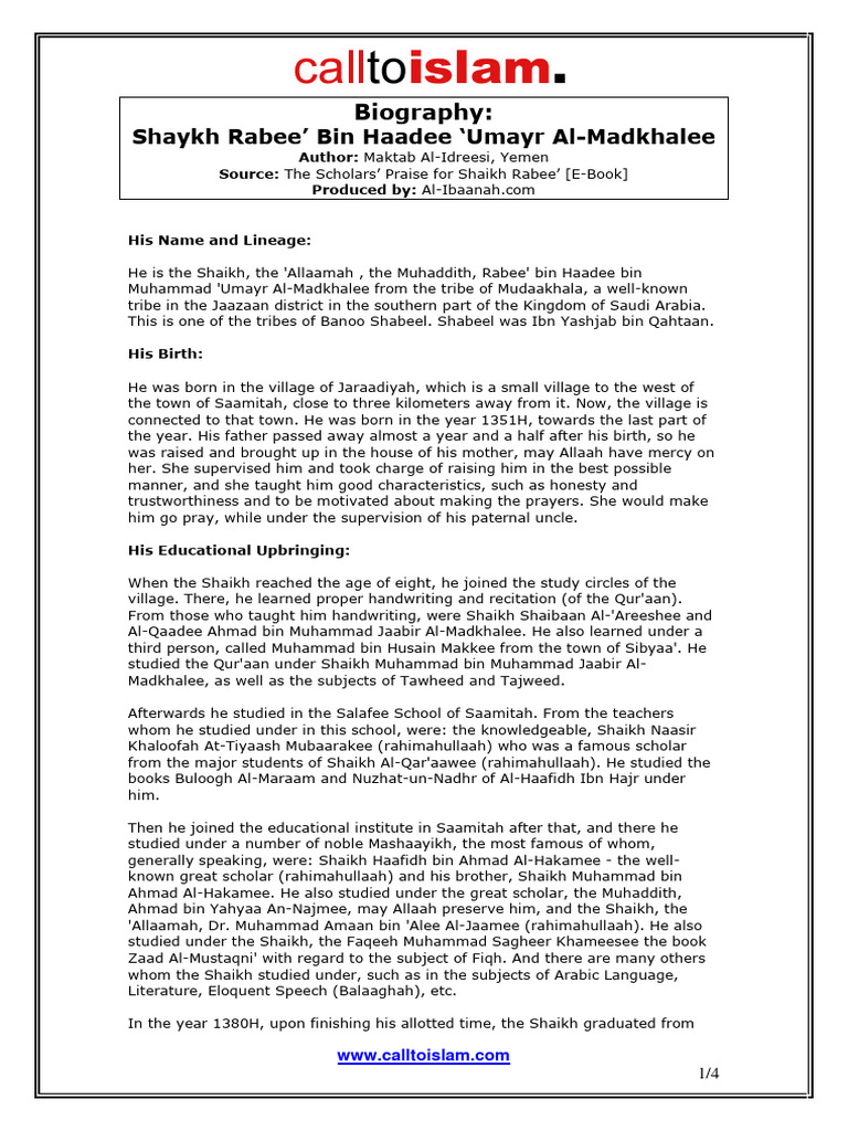 Biography of Shaykh Rabee' Al-Madkhalee | PDF | Sheikh | Hadith