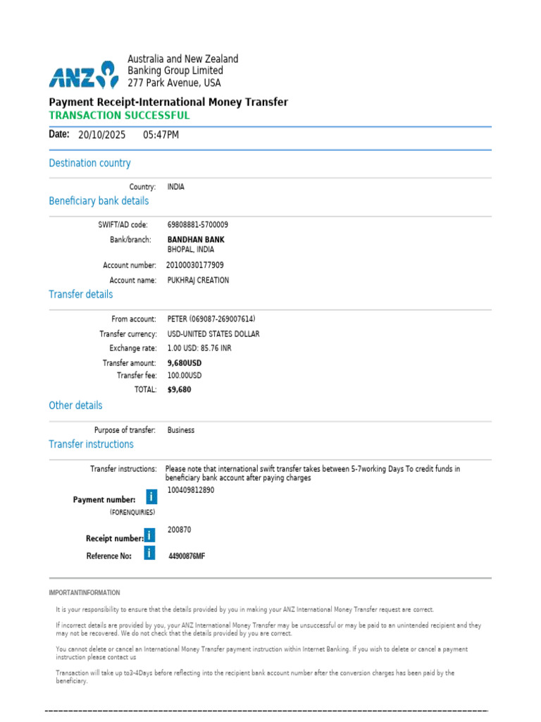 ANZ International Money Transfer Receipt | PDF