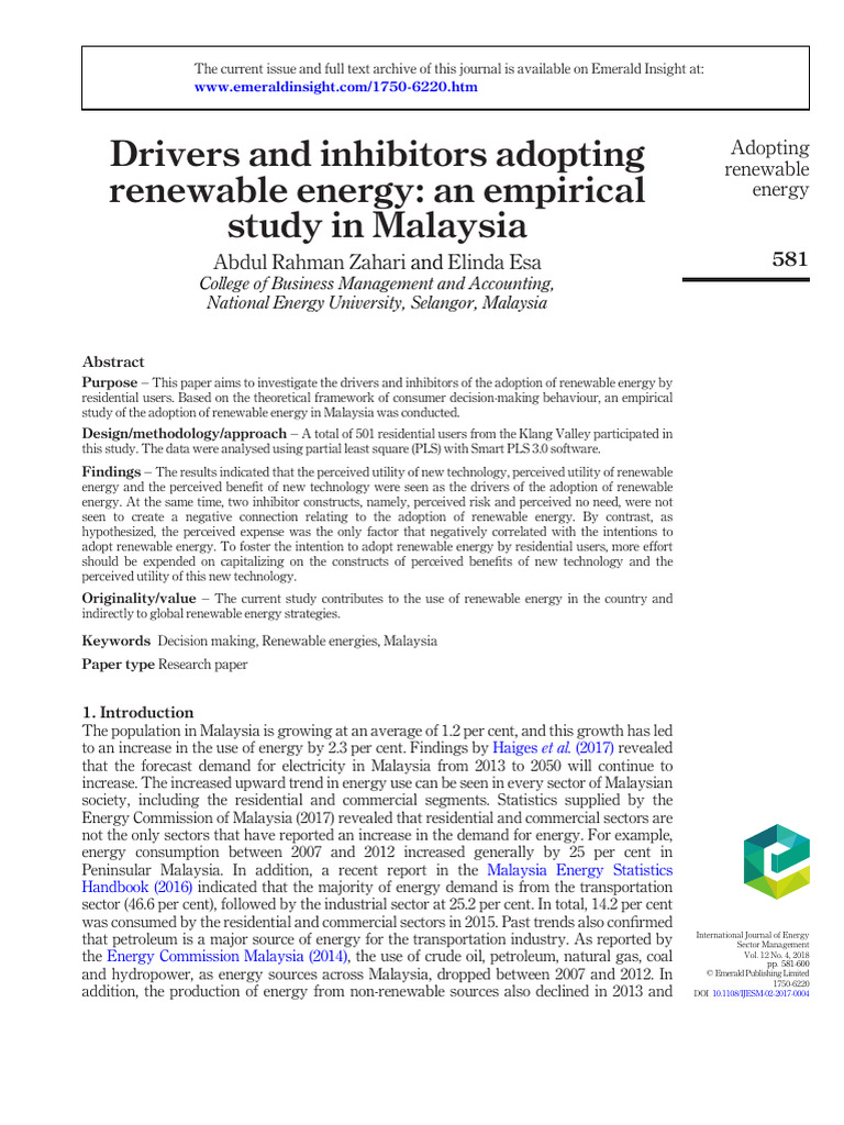 Drivers and Barriers to Renewable Energy in Malaysia | PDF | Renewable ...