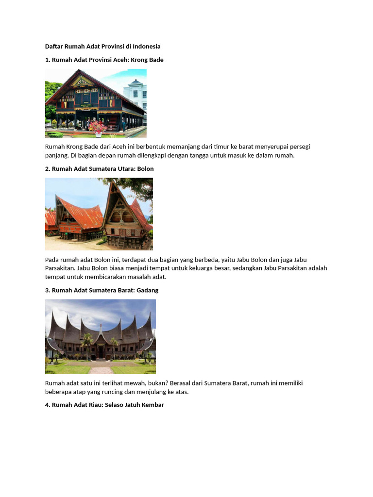 Rumah Adat Provinsi Indonesia: Ragam dan Ciri | PDF