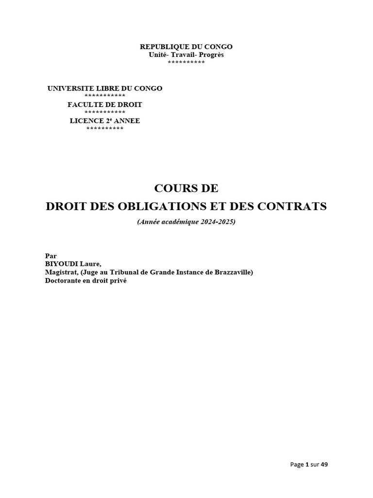 Cours de Droit des Obligations 2024-2025 | PDF | Droit des obligations ...