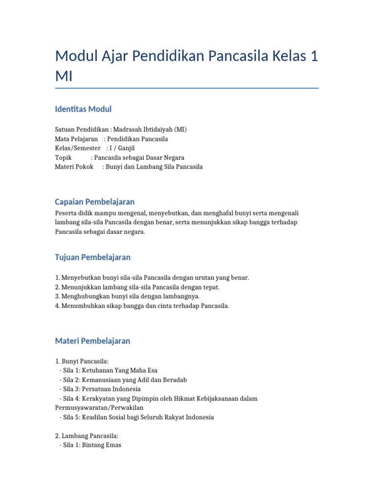 Modul Ajar Pancasila Kelas 1 MI | PDF