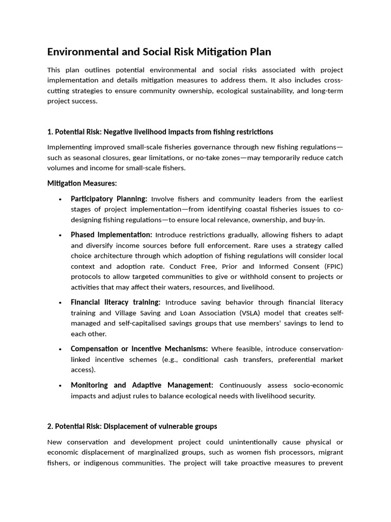 Environmental and Social Risk Mitigation Plan | PDF | Climate Change ...