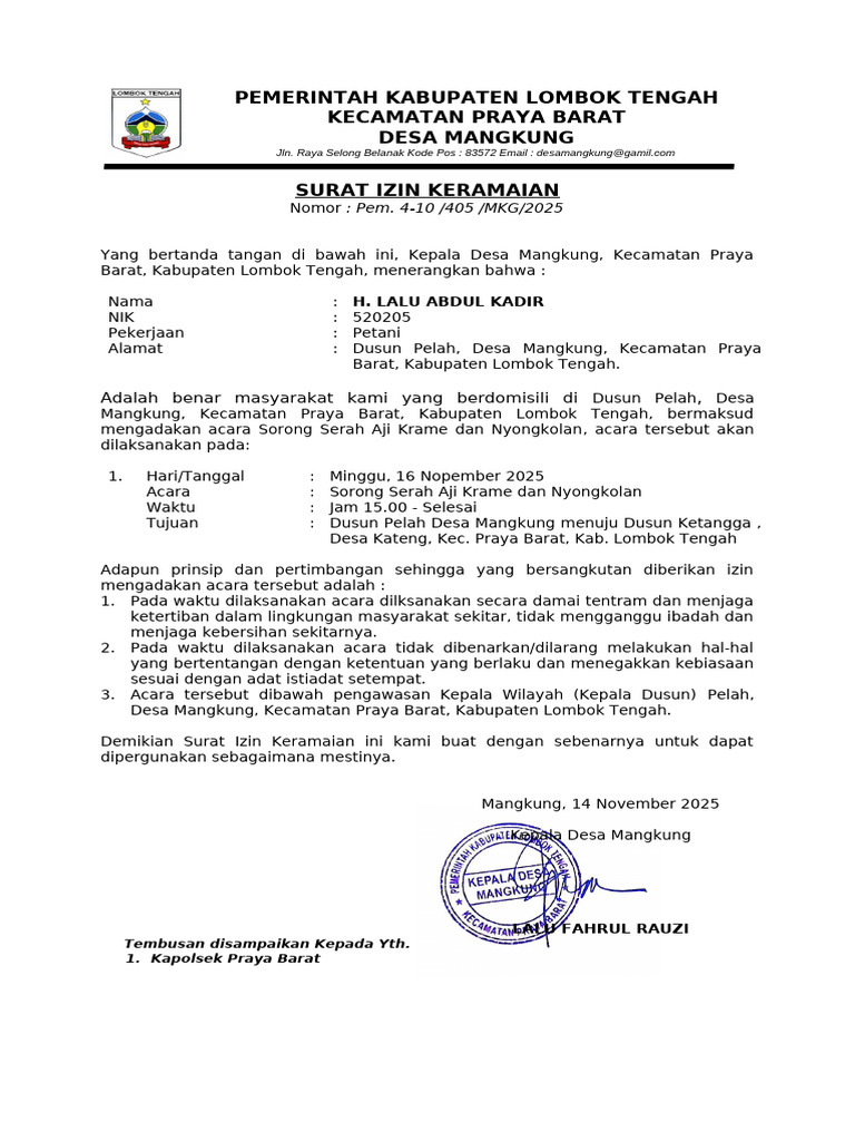 Surat Izin Keramaian Desa Mangkung | PDF