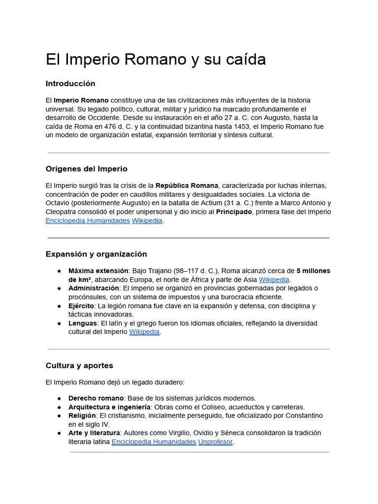 Historia y legado del Imperio Romano | PDF | imperio Romano | Augusto