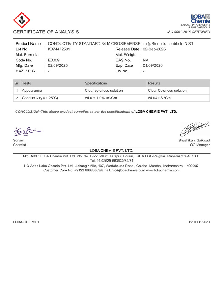 Certificate of Analysis | PDF