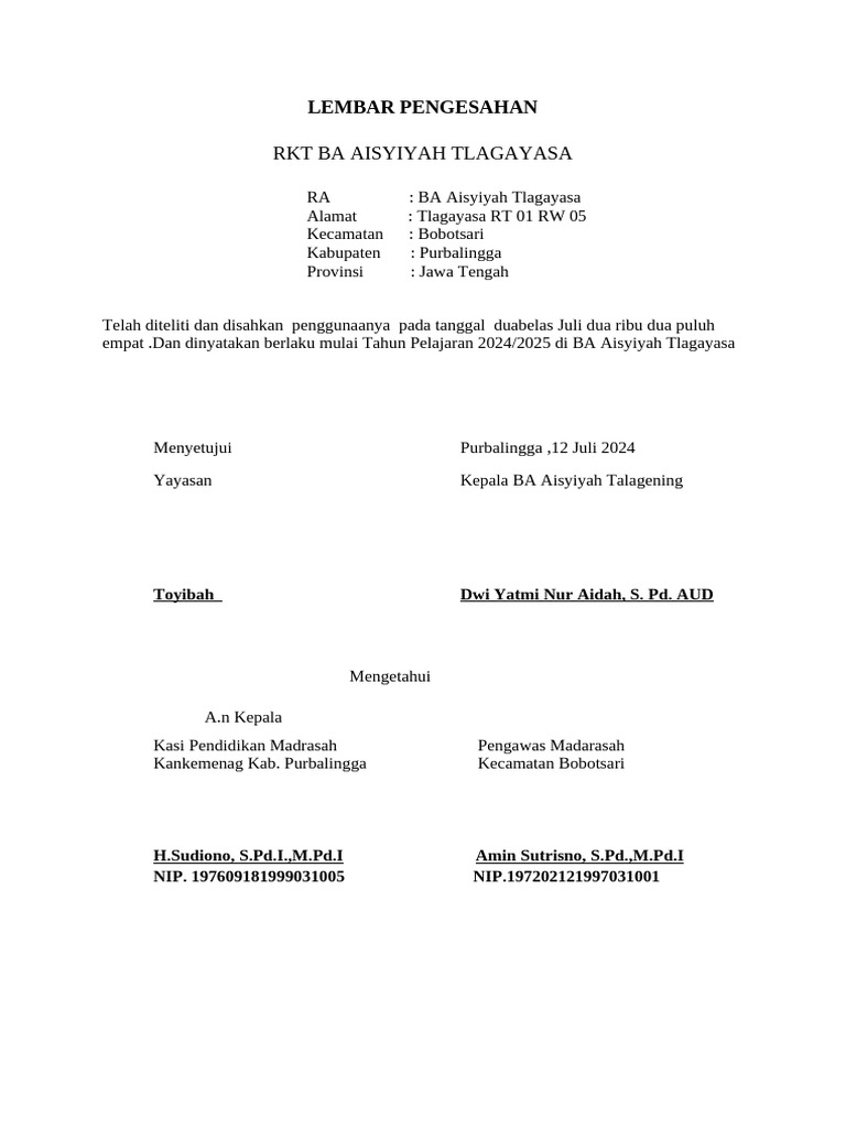 Pengesahan RKT BA Aisyiyah Tlagayasa | PDF