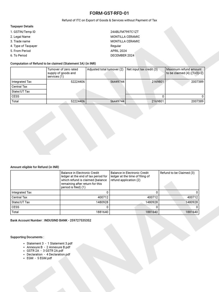 GST Rfd-01 24ablfm7997c1zt Expwop 202404 Form | PDF | Tax Refund | Taxes